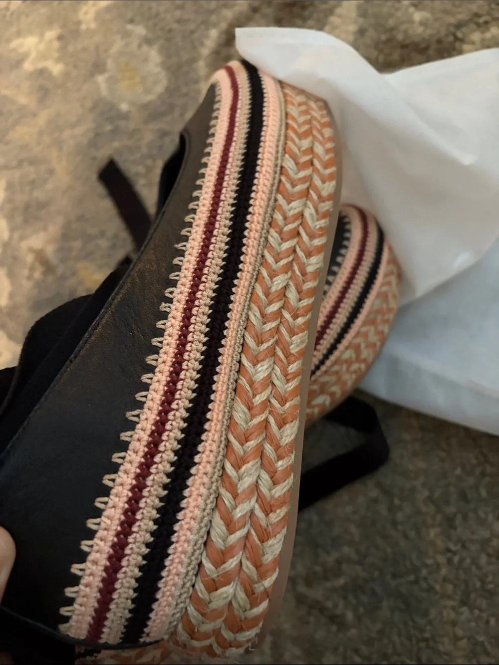 Women’s Ulla Johnson Black Yelena Crochet Espadrille Ballet Flats with Pink Trim